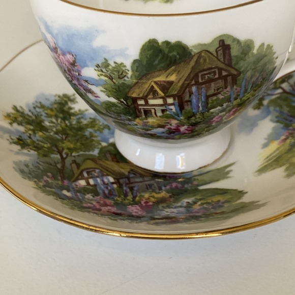 Vintage Royal Vale Teacup & Saucer Cottage Scene & Gardens - Bone China England - Picture 2 of 15